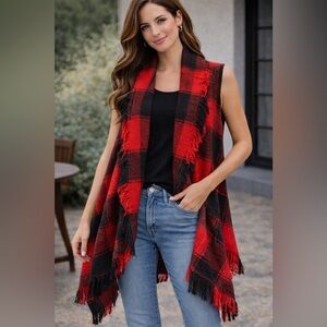 Red Black Buffalo Plaid Fringe Shawl Vest Open Front Poncho Wrap
